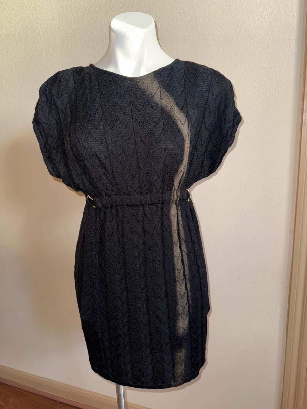M Missoni Black Knit Chevron Pattern Short Sleeve Belted Dress Size M